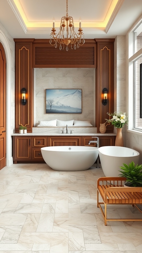 Elegant bathroom featuring natural stone flooring, wooden cabinetry, and modern fixtures.