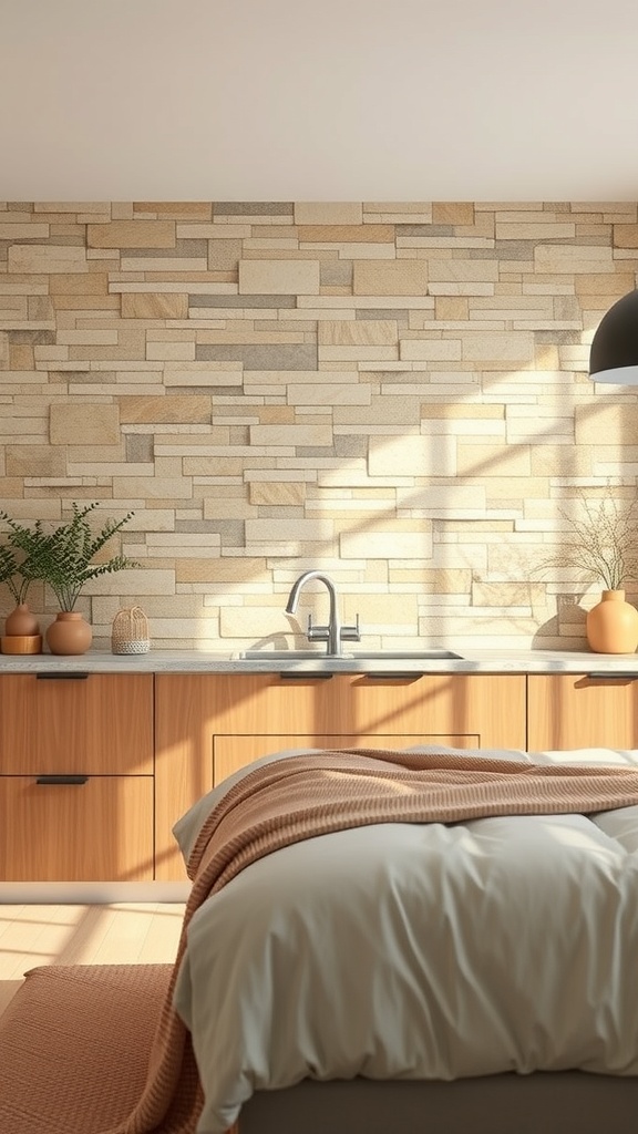 A kitchen featuring a natural stone backsplash with wooden cabinets and a modern sink.