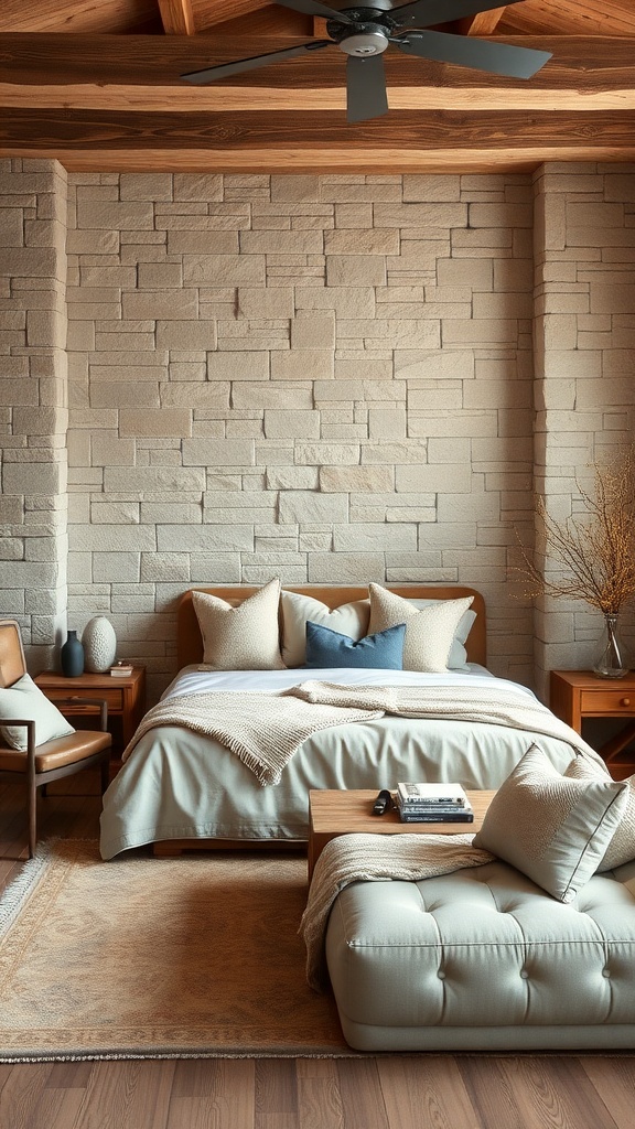 Living room with a natural stone accent wall, cozy bedding, and wooden furniture.