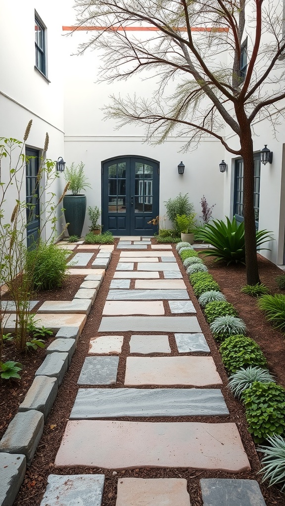 A small courtyard garden with natural stone pathways and greenery.