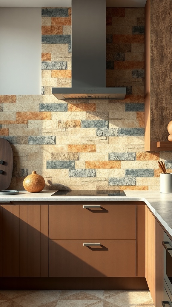 A modern kitchen with a natural stone backsplash in warm tones, featuring sleek cabinetry and appliances.