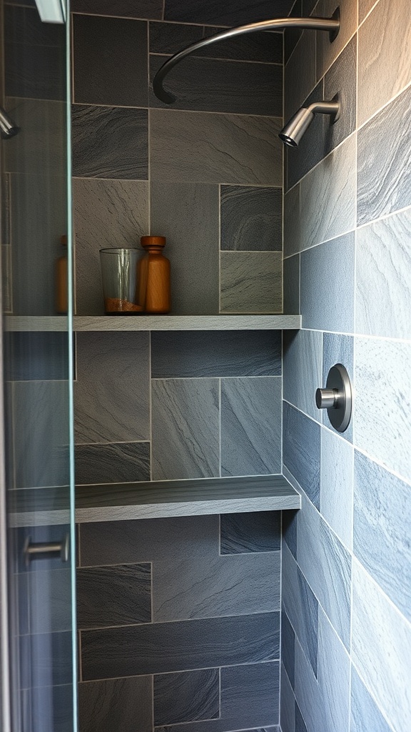 Natural stone shelves in a modern shower setting.