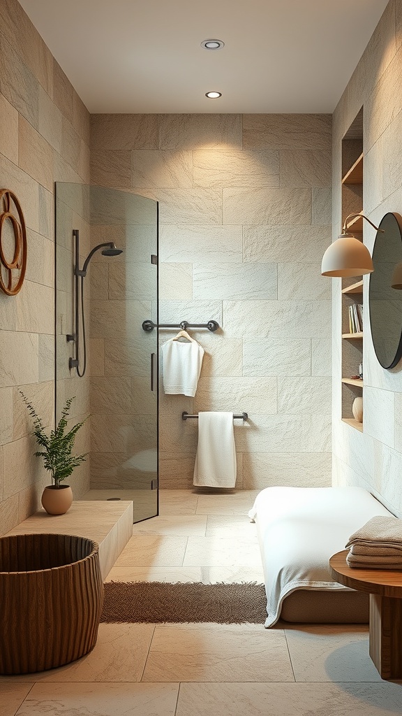 A bathroom featuring natural stone shower walls, a glass enclosure, wooden accents, and a cozy atmosphere.
