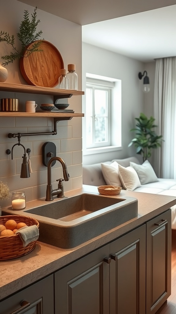 A modern kitchen featuring a natural stone sink, stylish fixtures, and wooden shelves with decor.