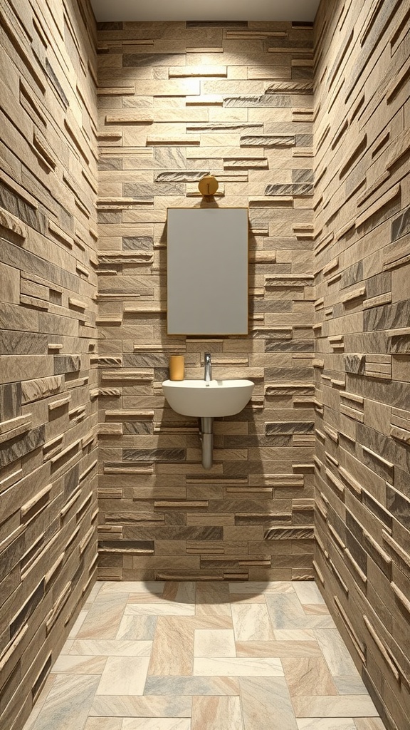 A small bathroom featuring textured natural stone walls, a mirror, and a white sink.