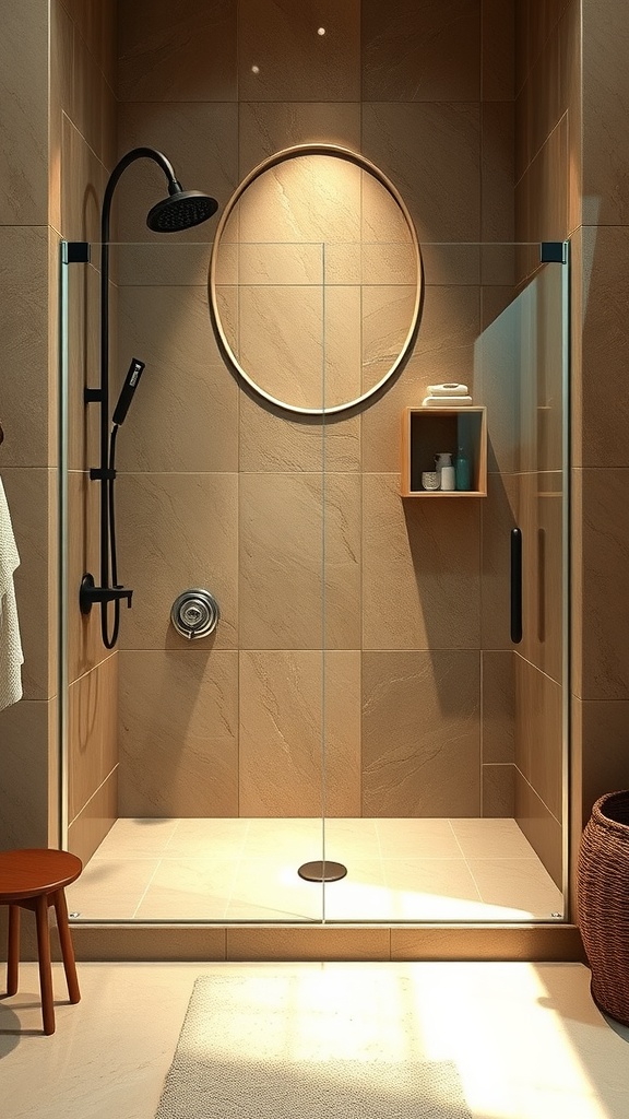 A modern shower featuring natural stone textures with sandy-colored tiles, a glass enclosure, and wooden accents.