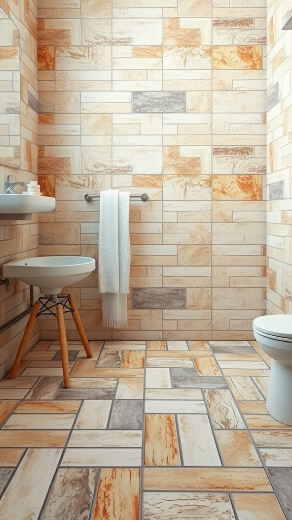 A rustic bathroom featuring natural stone tile on the walls and floor, complemented by a wooden vanity and simple fixtures.