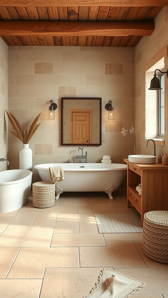 Rustic bathroom with natural stone tile flooring, wooden ceiling, and cozy decor.