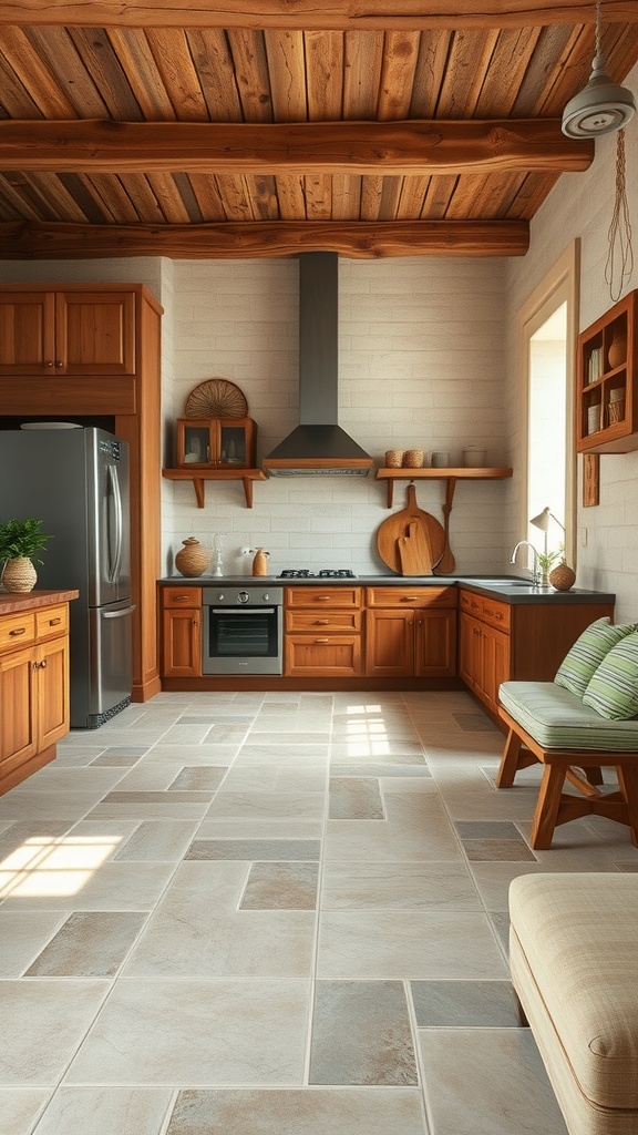A rustic kitchen featuring natural stone tiles, wooden cabinets, and a cozy atmosphere.