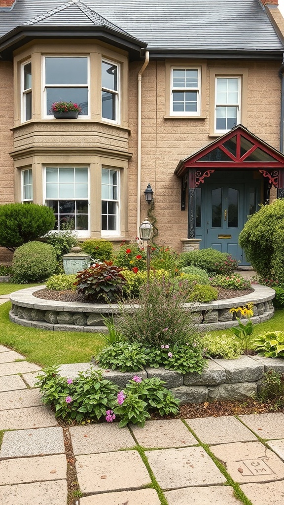 A Victorian front garden featuring natural stone walls and colorful flowers.