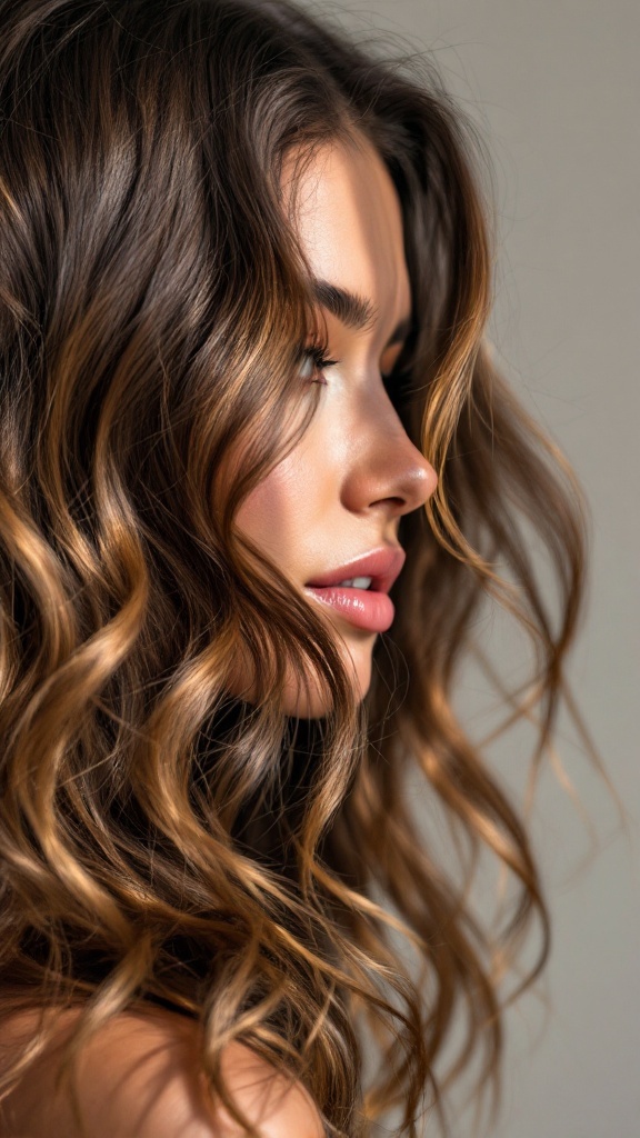 A profile shot of a person with medium brown hair featuring highlights, cascading in soft waves.
