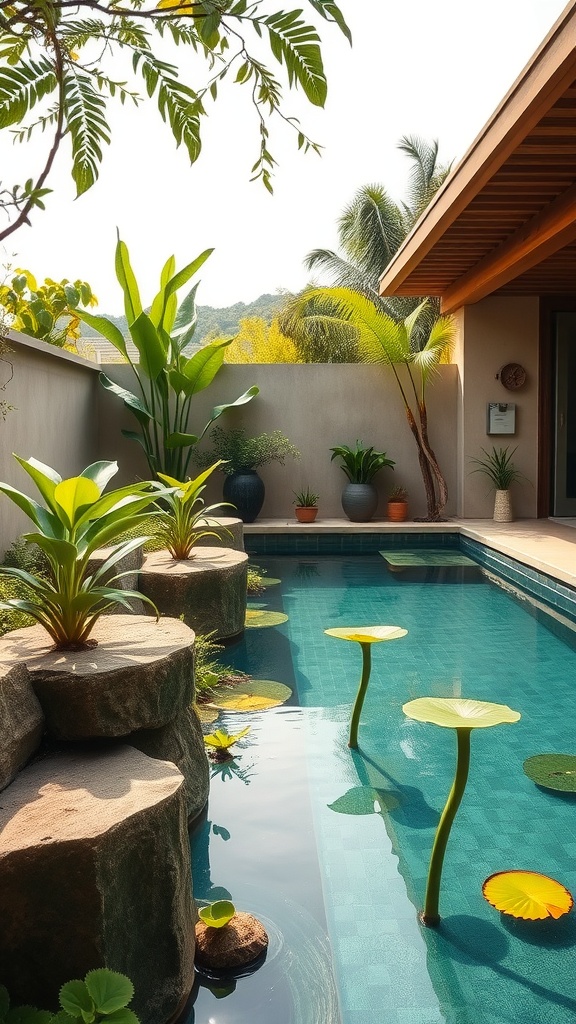 A natural swimming pool surrounded by plants and stones, featuring water lilies.
