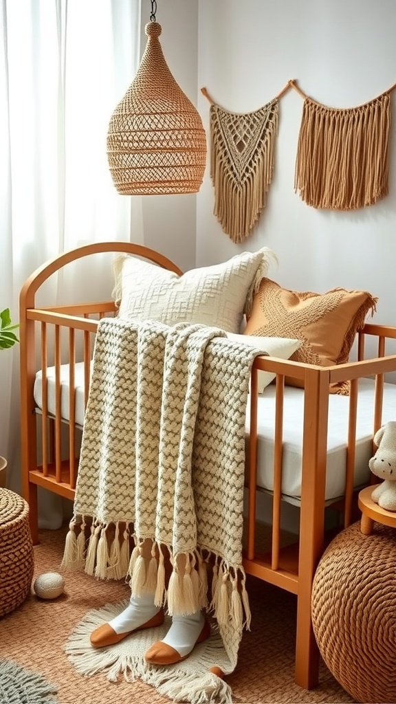 A cozy boho nursery with natural textiles, featuring a wooden crib, soft blankets, and woven decor.