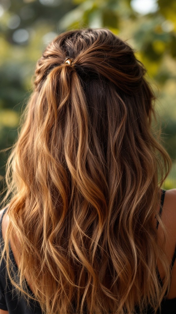 Back view of a woman with long, wavy hair styled with a feathered fringe.