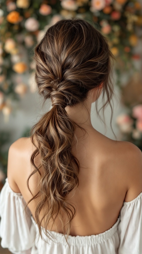 A back view of a woman with a natural textured ponytail, showcasing soft waves and a casual twist, set against a floral backdrop.