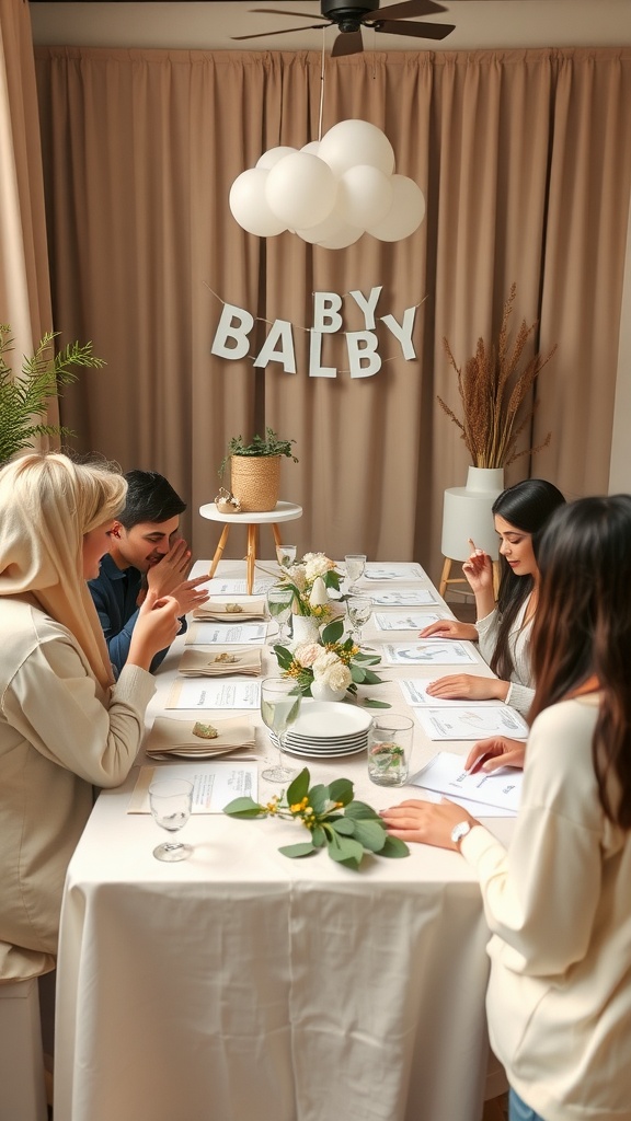 A group of people enjoying a neutral-themed baby shower at a beautifully set table.
