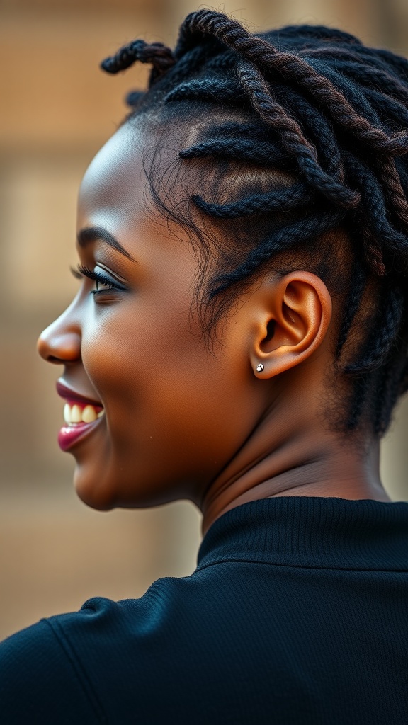 A black woman with natural twists hairstyle smiling, showcasing her curls.