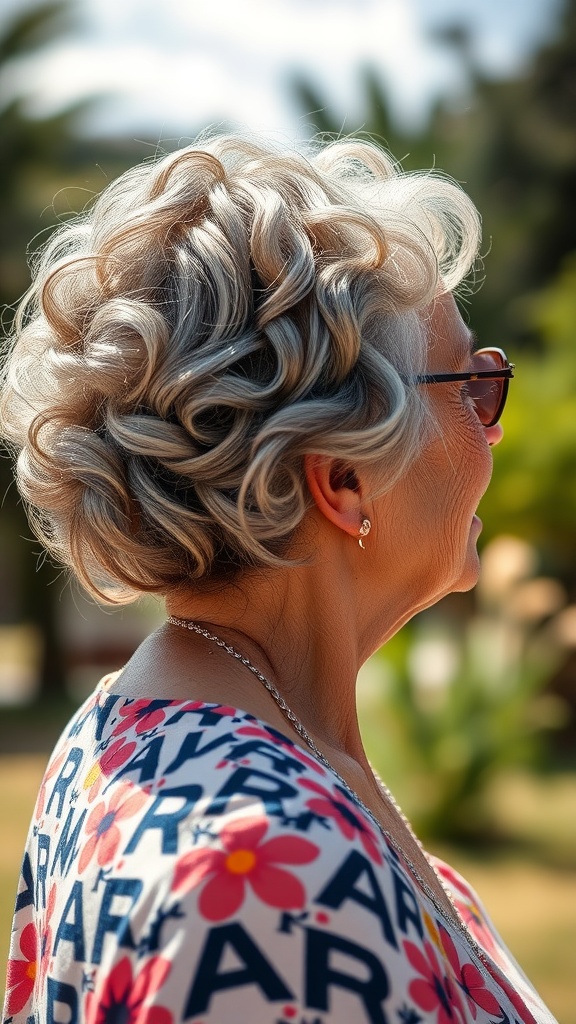 A woman with styled natural waves and a middle part, showcasing elegance at an outdoor setting.