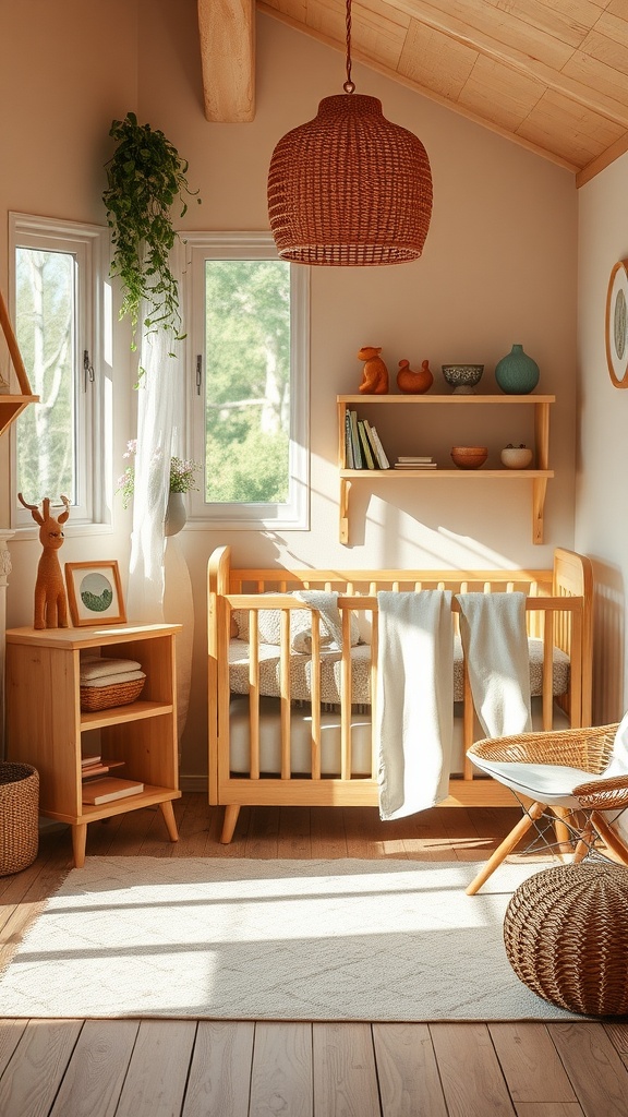 A serene nursery with natural wood accents featuring a crib, shelves, and a woven light fixture.