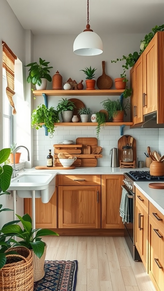 A boho kitchen with natural wood accents, featuring wooden cabinets, shelves, and a variety of plants.