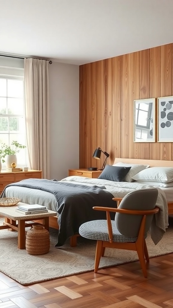 A mid-century modern bedroom featuring natural wood accents, a wooden wall, and stylish furniture.