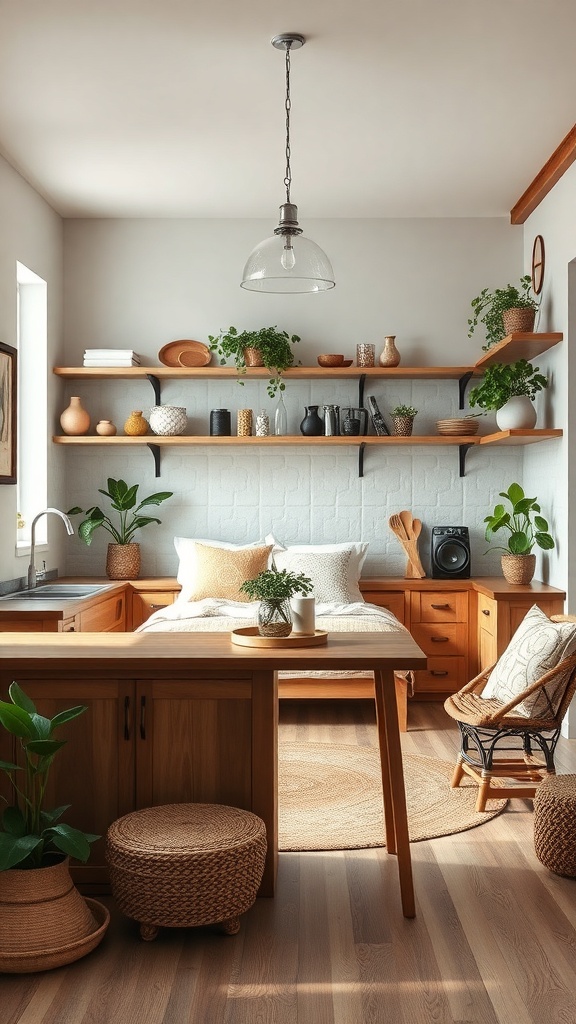A cozy boho kitchen with natural wood accents, featuring wooden shelves, cabinets, and plants.