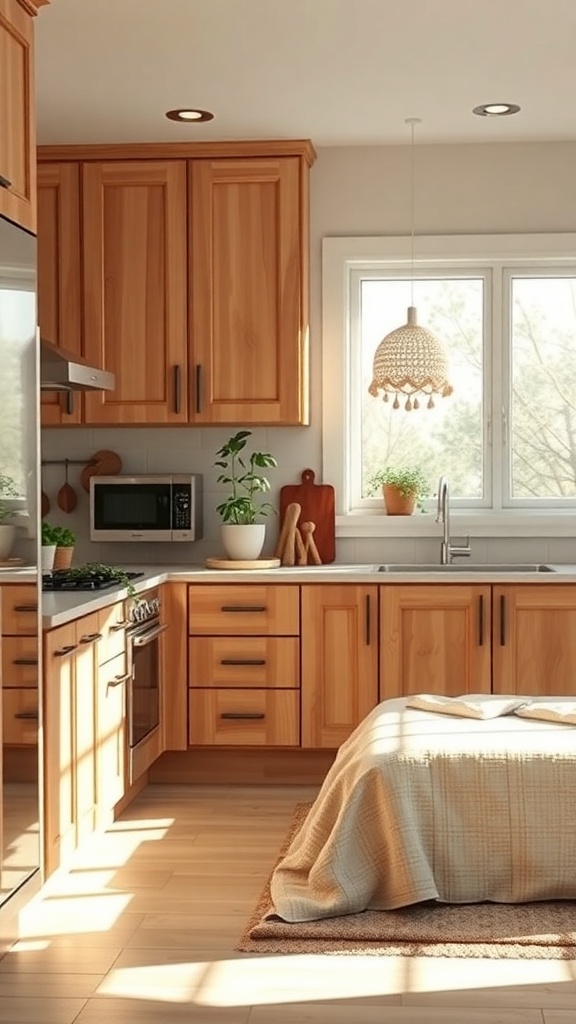 A cozy kitchen featuring natural wood cabinets, a window with sunlight, and plants on the counter.