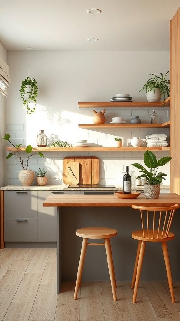 A modern Japandi kitchen featuring natural wood accents, including wooden shelves, stools, and plants.