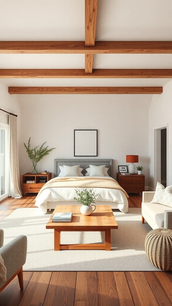 A cozy farmhouse living room featuring natural wood accents, including ceiling beams and wooden furniture.