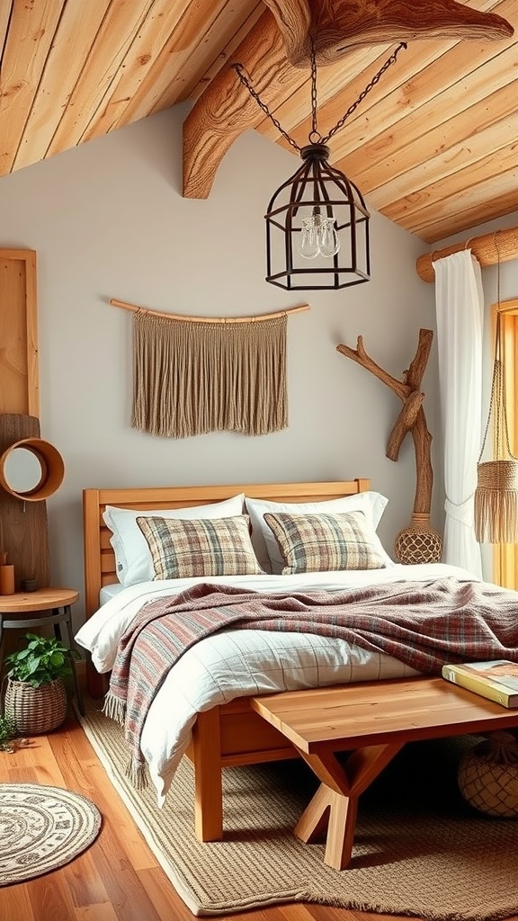 A cozy bohemian bedroom featuring natural wood accents, a wooden bed, and warm textiles.