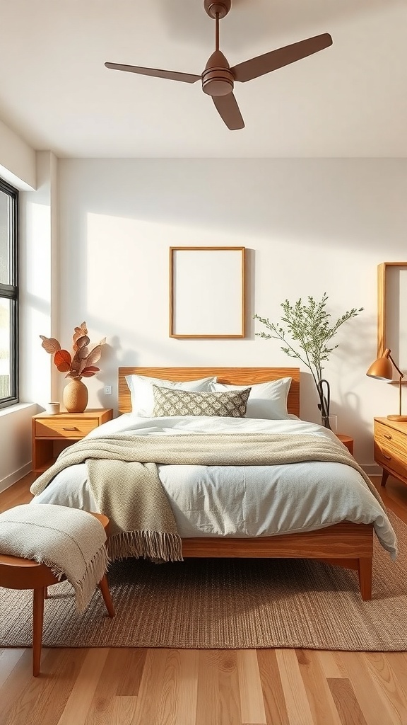 A mid-century modern bedroom featuring natural wood furniture, a cozy bed, and decorative plants.