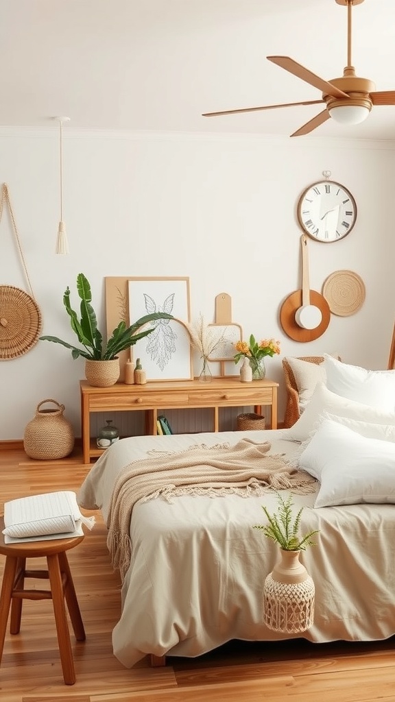 A cozy bohemian bedroom featuring natural wood accents, plants, and soft beige bedding.