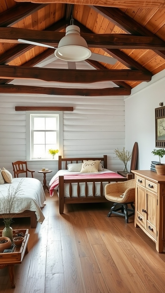 Cottage bedroom with wooden beams, two beds, and natural decor