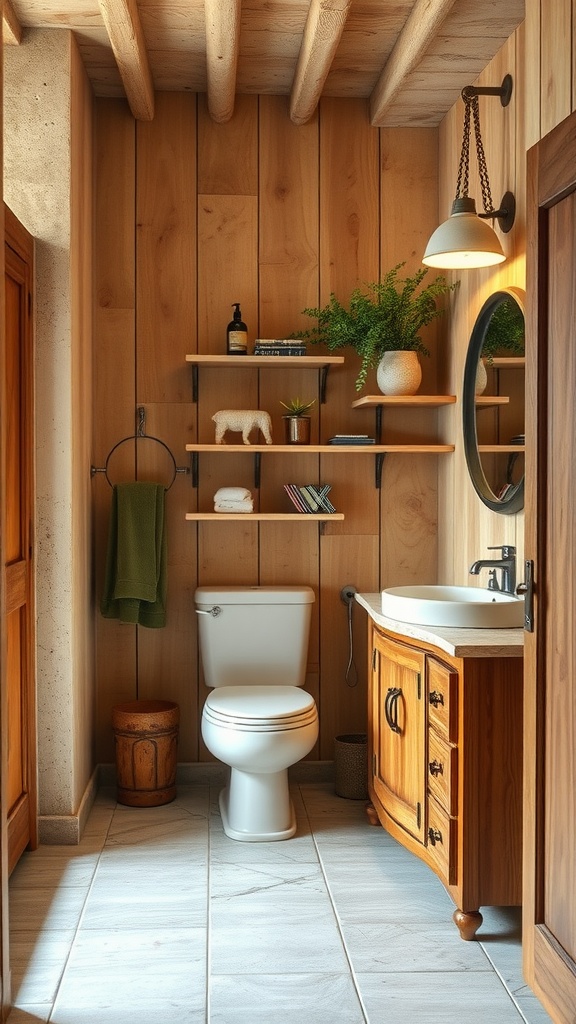 A cozy bathroom with wooden accents, featuring wood paneling, shelves, and a wooden cabinet.