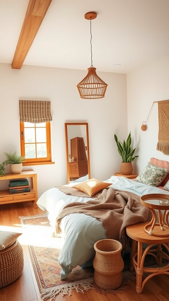 A cozy boho bedroom featuring natural wood accents, soft bedding, and plants.