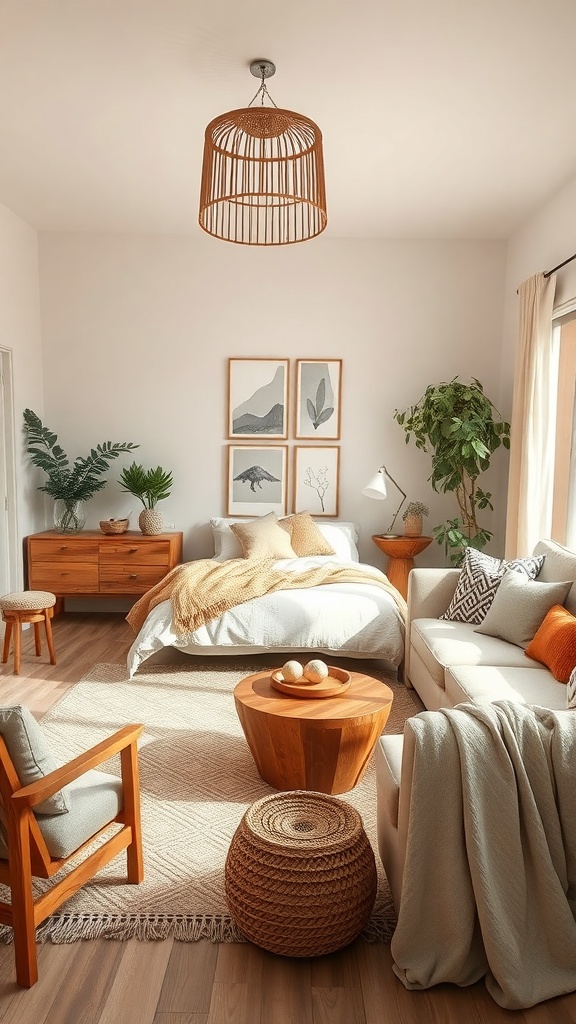 A cozy boho living room featuring natural wood accents, plants, and soft textiles.
