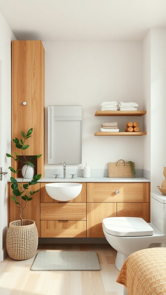 A modern bathroom featuring natural wood accents, a round sink, and a potted plant.