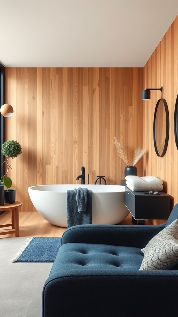 A modern bathroom featuring natural wood walls, a white bathtub, dark blue accents, and a cozy seating area.