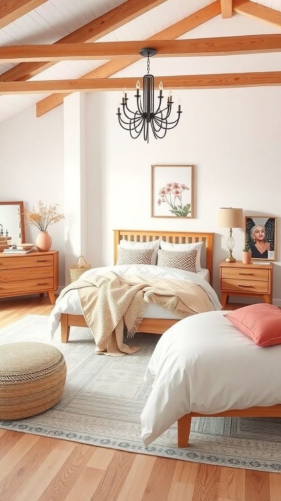 A cozy bedroom featuring natural wood furniture and dusty rose decor, including a chandelier and floral artwork.