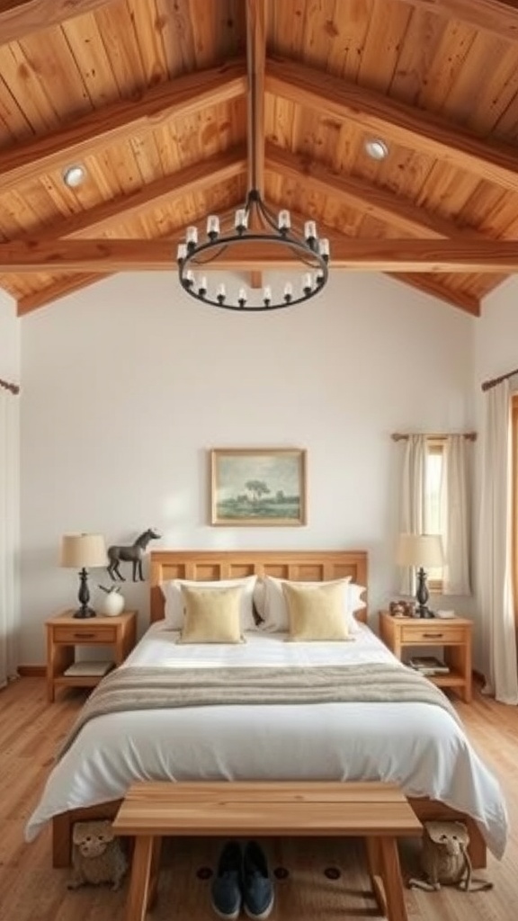 A cozy bedroom featuring natural wood beam ceilings, a wooden bed frame, and soft lighting.