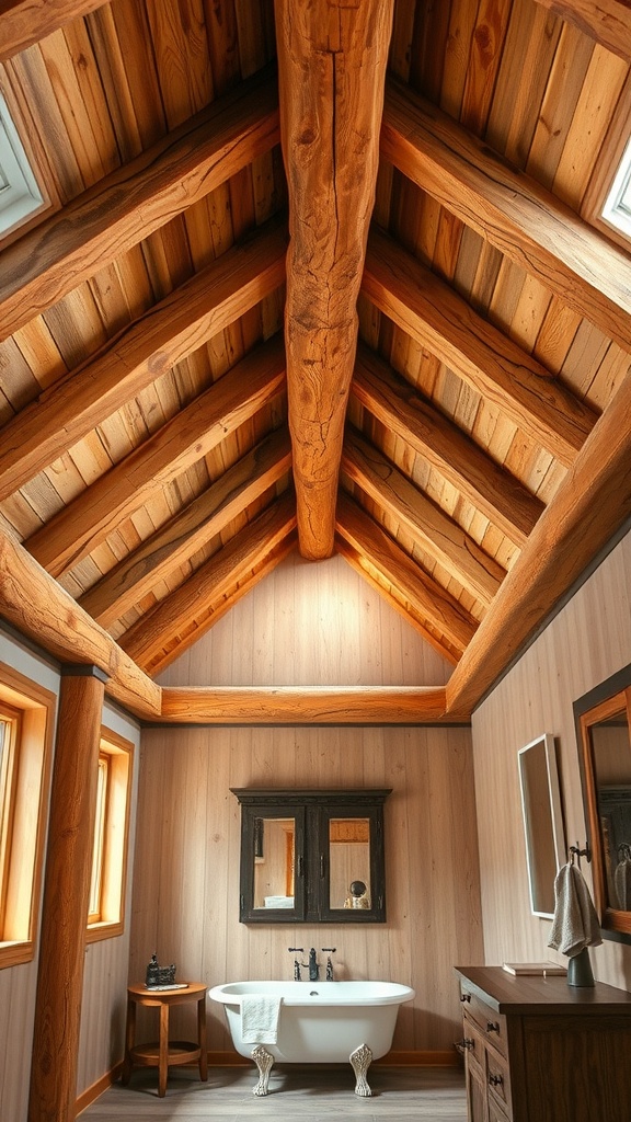 Rustic bathroom with natural wood beams on the ceiling, featuring a freestanding tub and wooden accents.