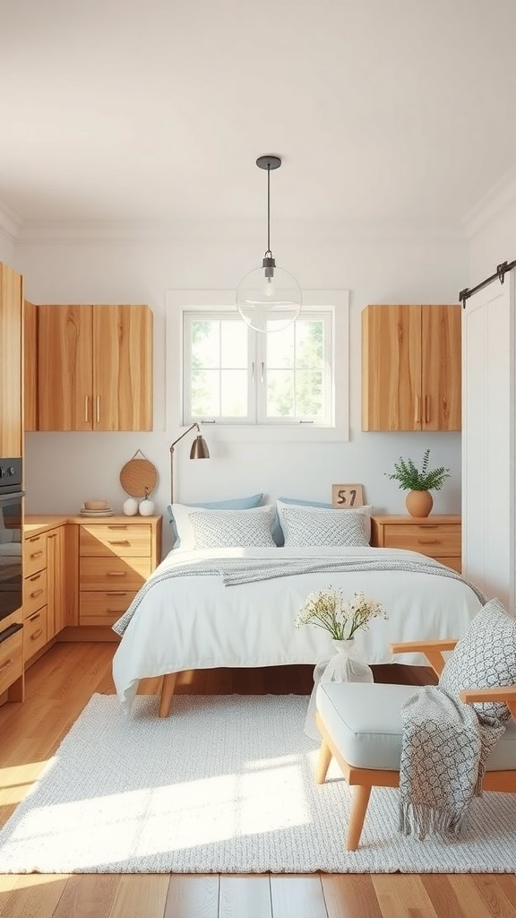 A cozy kitchen with natural wood cabinetry, featuring light wood tones and a warm atmosphere.