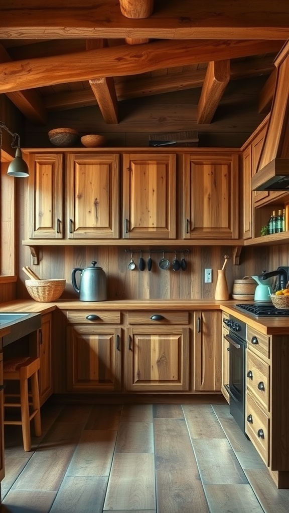 A cozy kitchen with natural wood cabinets, wooden beams, and warm tones.