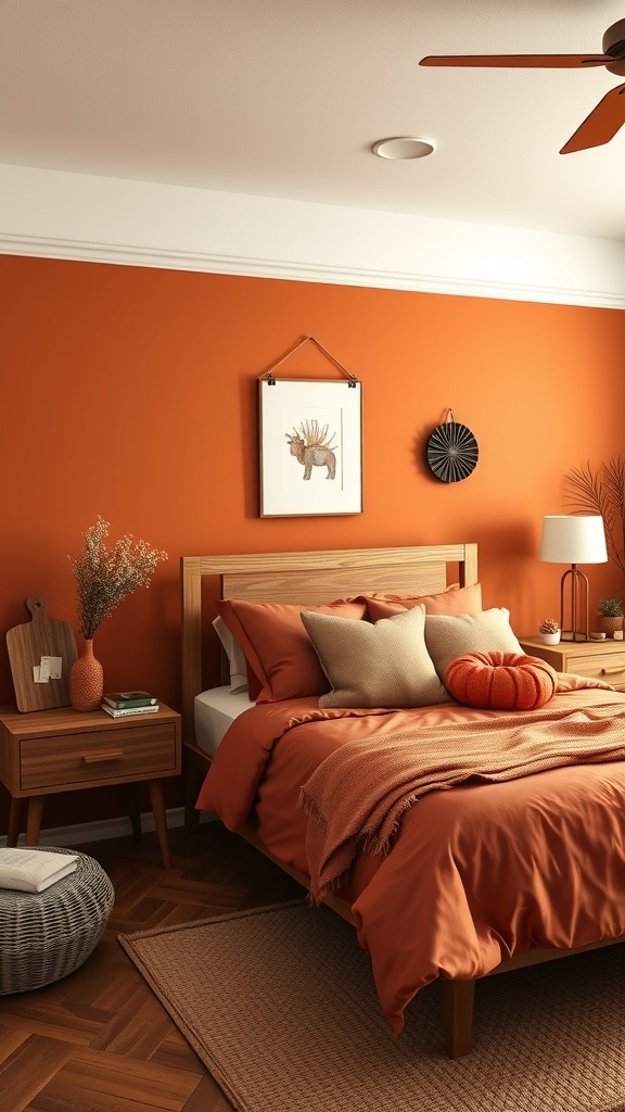 A cozy burnt orange bedroom featuring natural wood elements, including a wooden bed frame and nightstands.