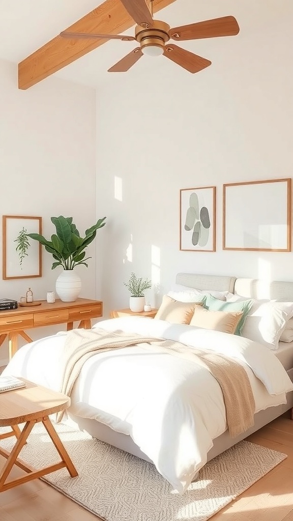 A soft pastel bedroom featuring natural wood elements, including wooden beams, furniture, and plants.