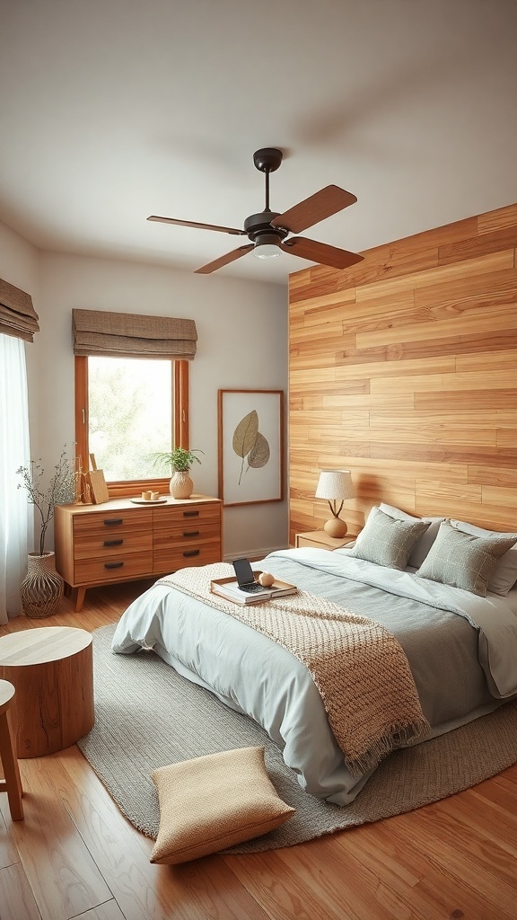 A serene bedroom featuring natural wood elements, including a wooden wall, furniture, and soft bedding.