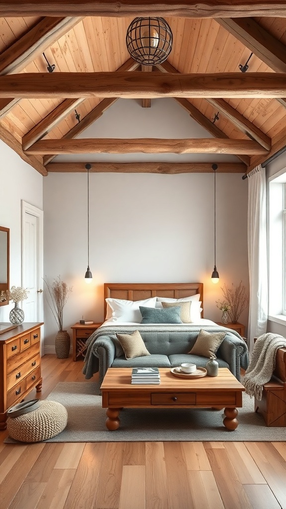 Cozy farmhouse bedroom with natural wood elements, including wooden beams, furniture, and decor.