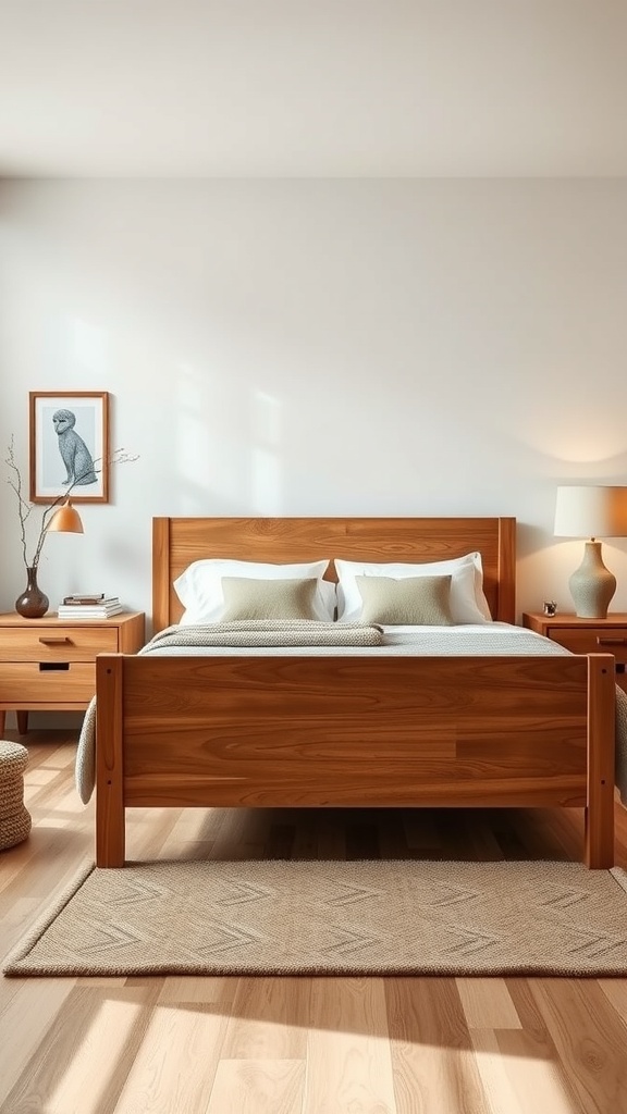 A cozy bedroom featuring a wooden bed frame, bedside tables, and a woven rug, creating a warm and inviting atmosphere.