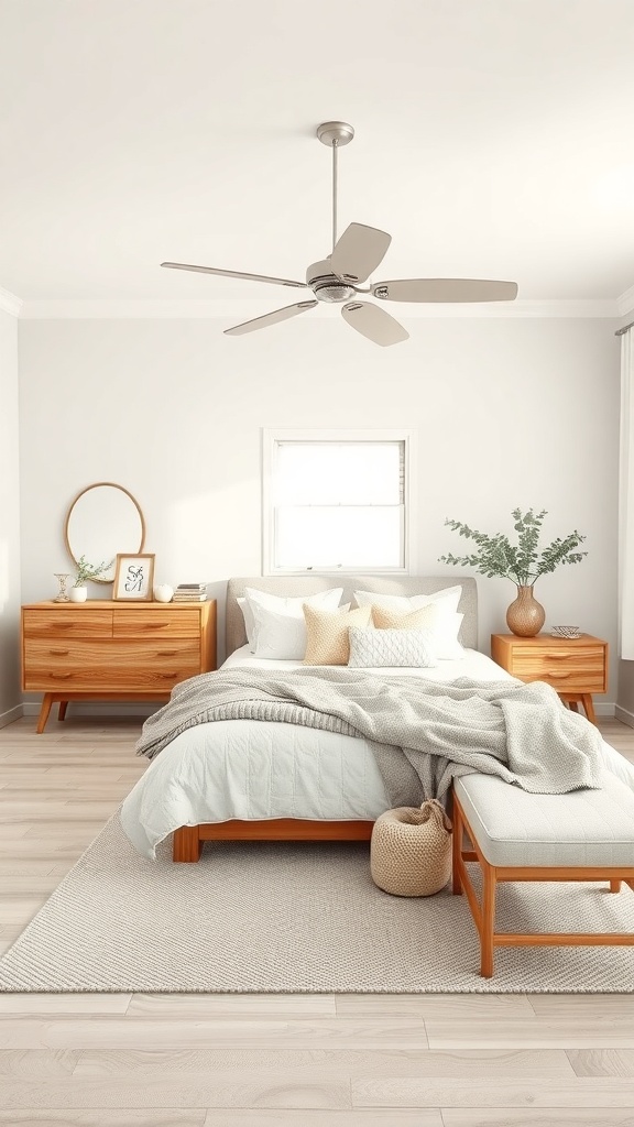 A greige bedroom featuring natural wood furniture, a cozy bed with soft bedding, and a touch of greenery.