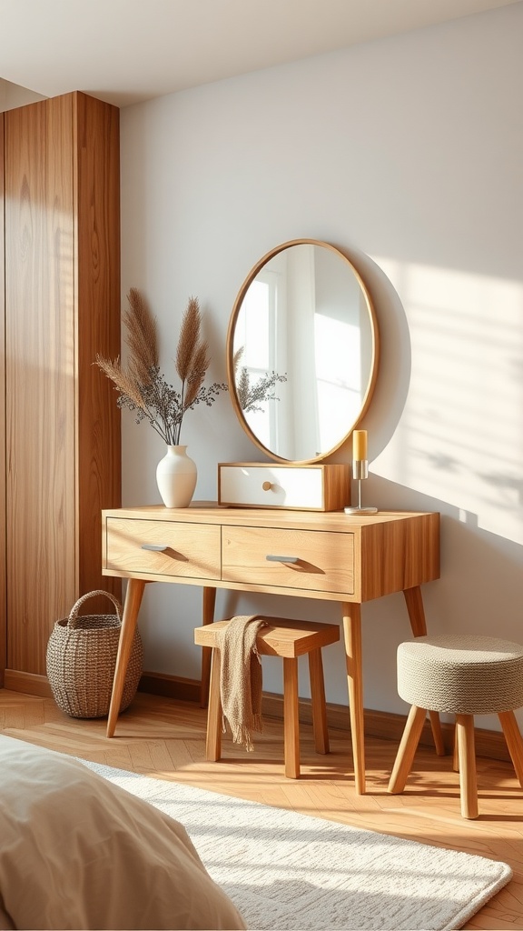 A modern dressing table with natural wood finishes, featuring a round mirror and decorative items.